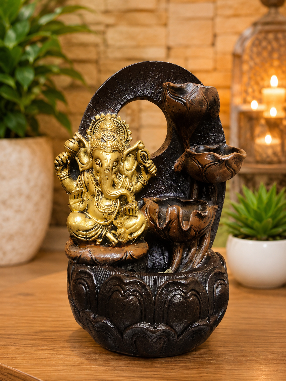 Ganesha Polystone Indoor Table Top Water Fountain with LED Lights and Water Pump