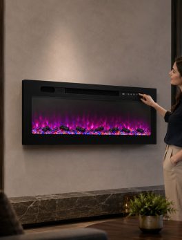 Slim LCD Electric Fireplace Wall Heater with Crystal Ember Rocks