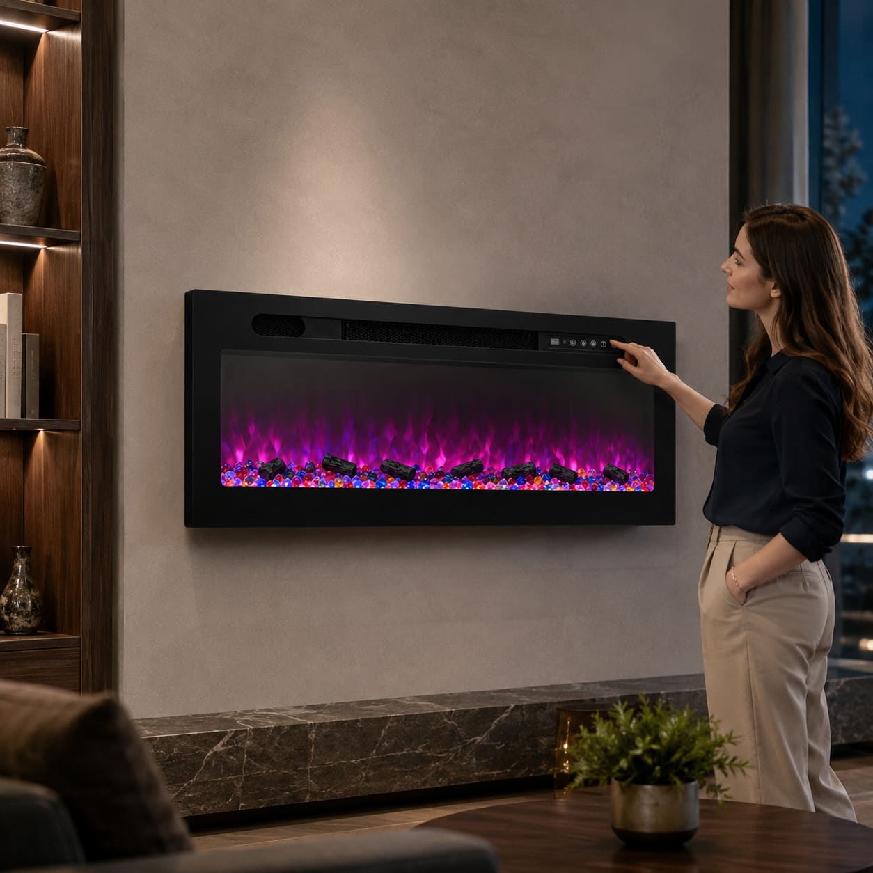 Slim LCD Electric Fireplace Wall Heater with Crystal Ember Rocks