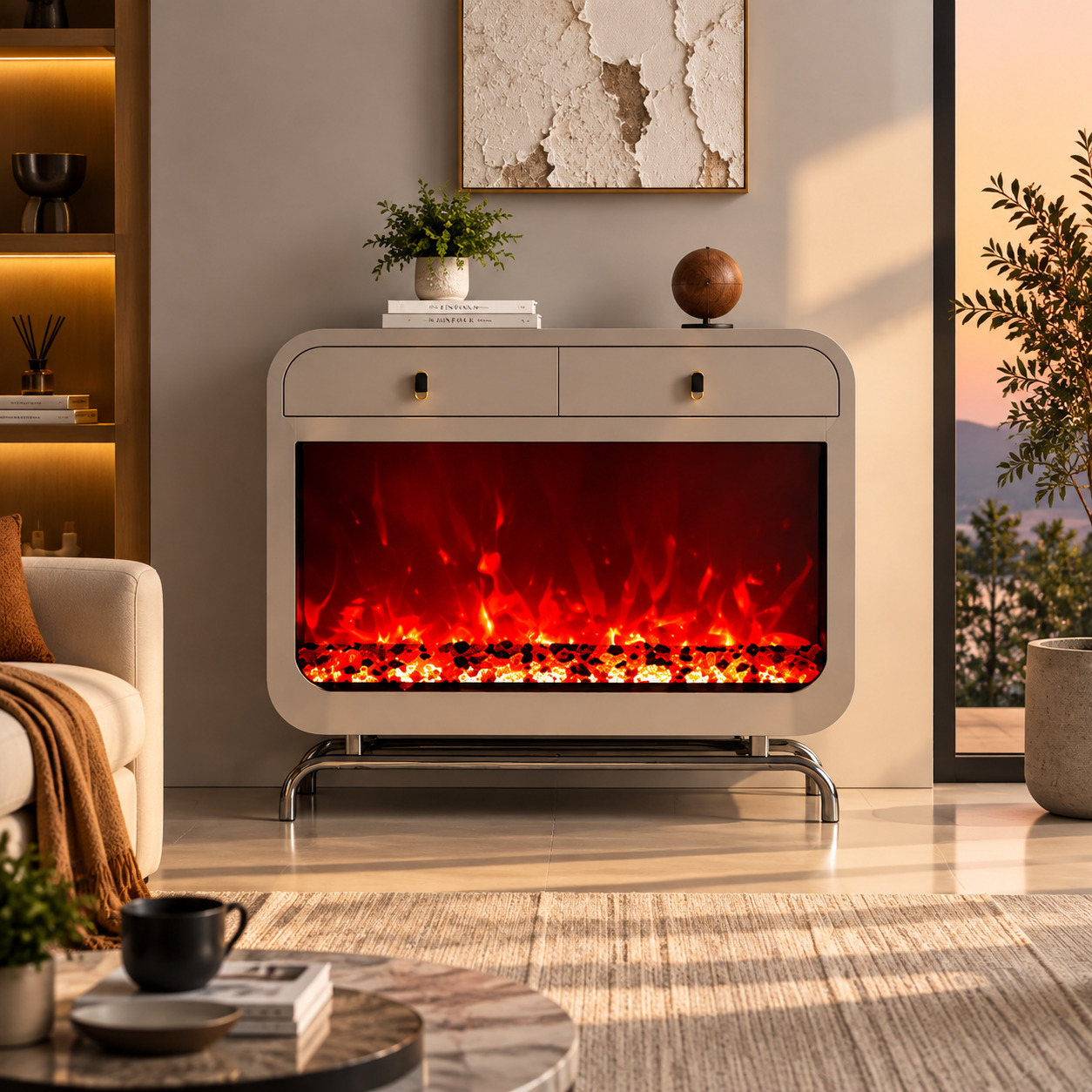 Contemporary Freestanding Electric Fireplace With LED Adjustable Flame and Color