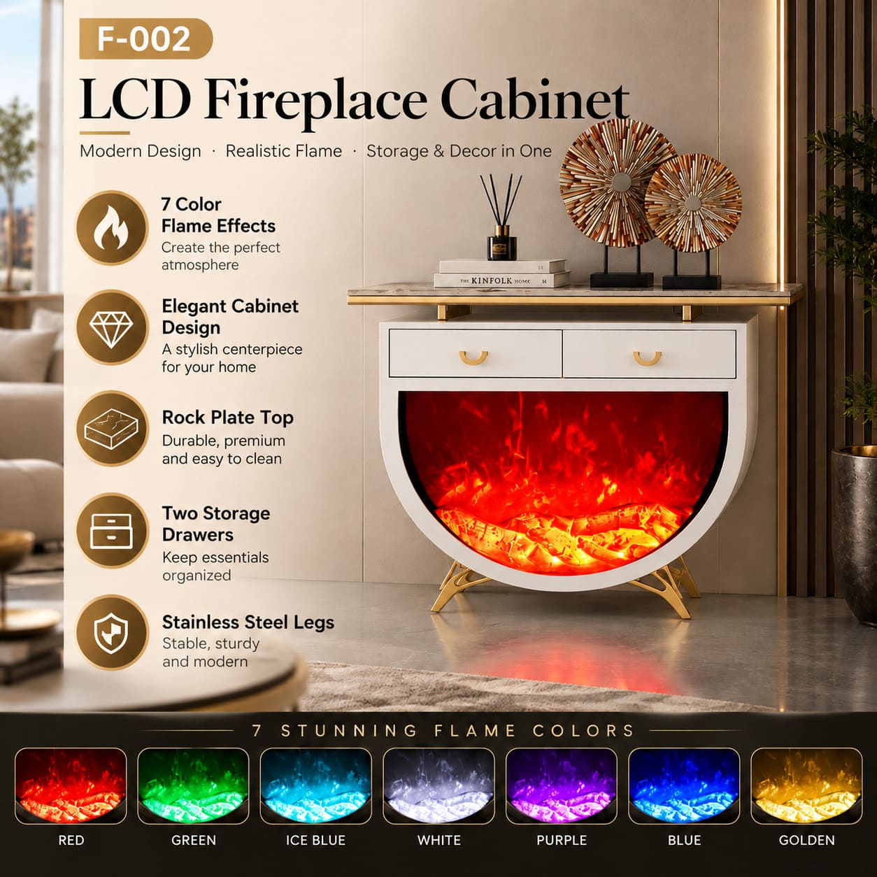Modern Decorative Fireplace and Stand With LED Flame Effect Storage - Image 3