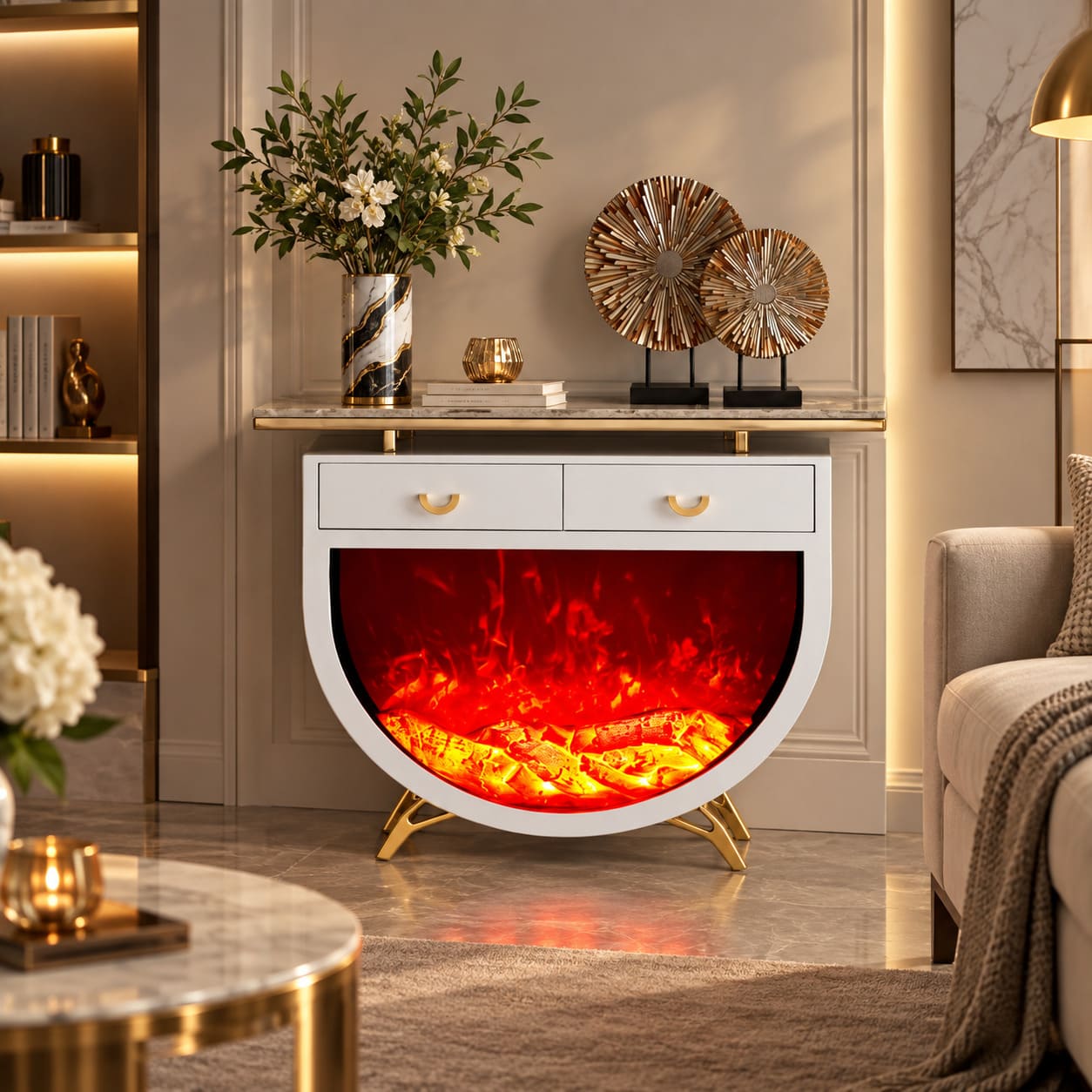 Modern Decorative Fireplace and Stand With LED Flame Effect Storage
