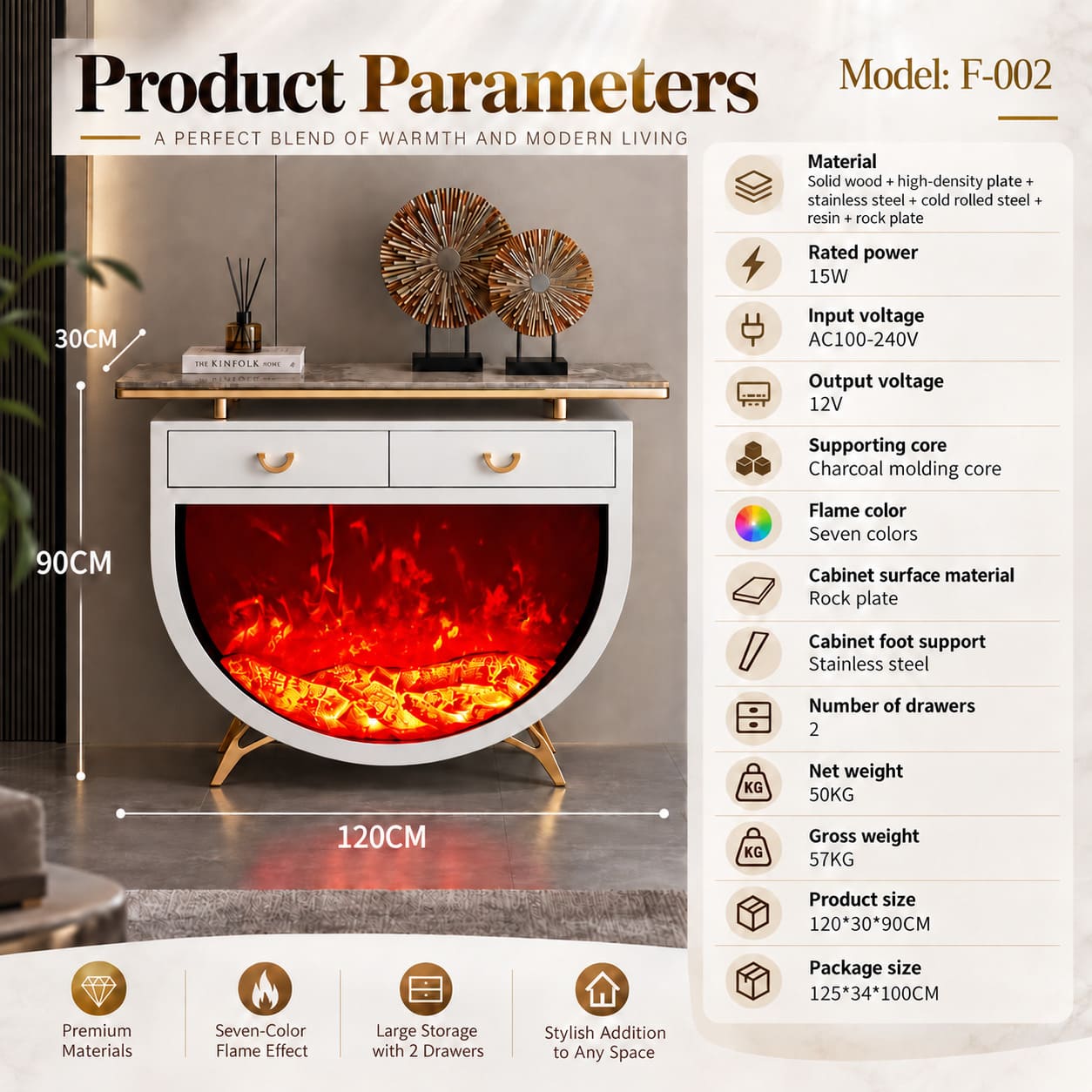 Modern Decorative Fireplace and Stand With LED Flame Effect Storage - Image 2