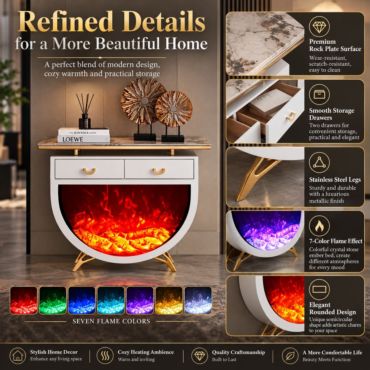 Modern Decorative Fireplace and Stand With LED Flame Effect Storage - Image 4