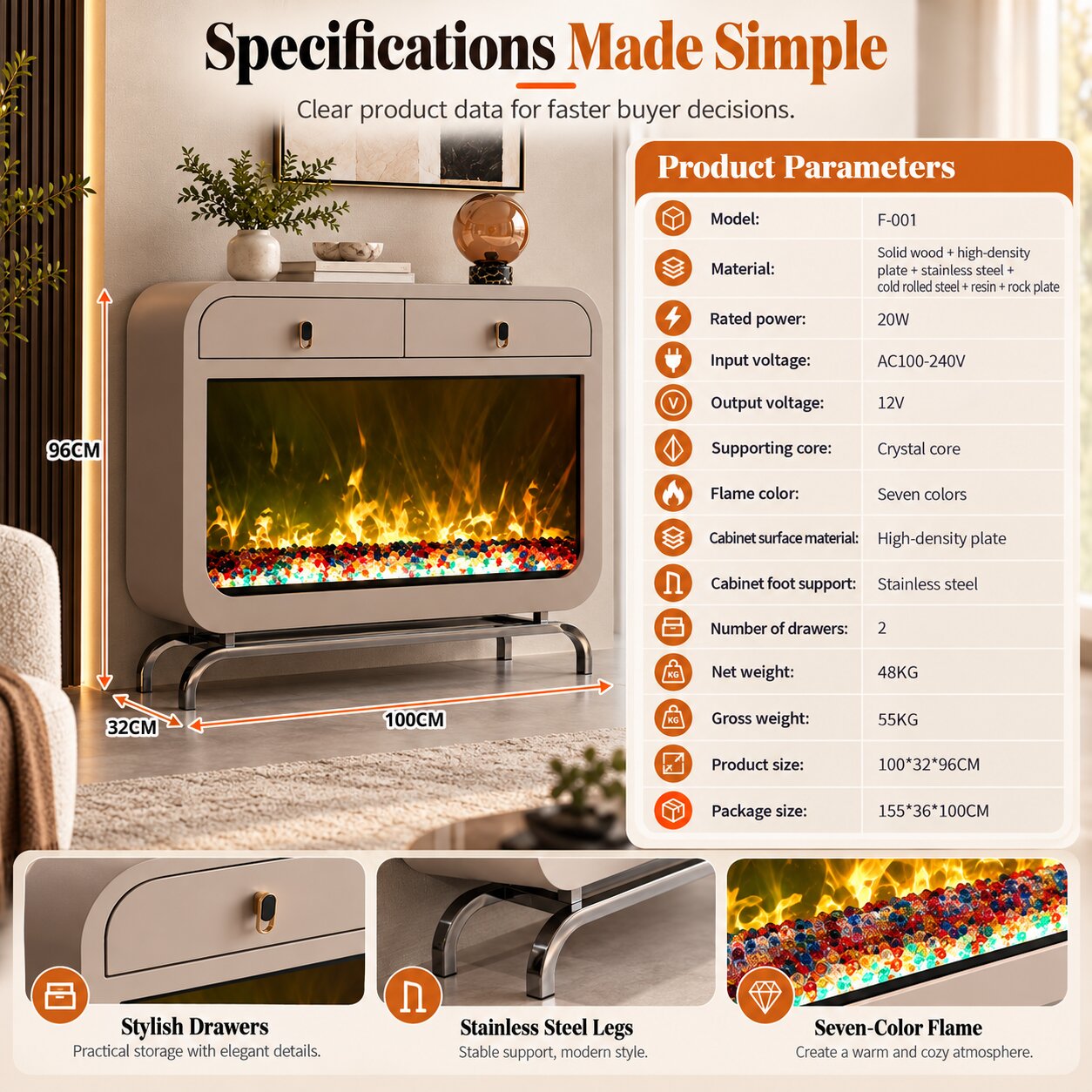 Contemporary Freestanding Electric Fireplace With LED Adjustable Flame and Color - Image 3