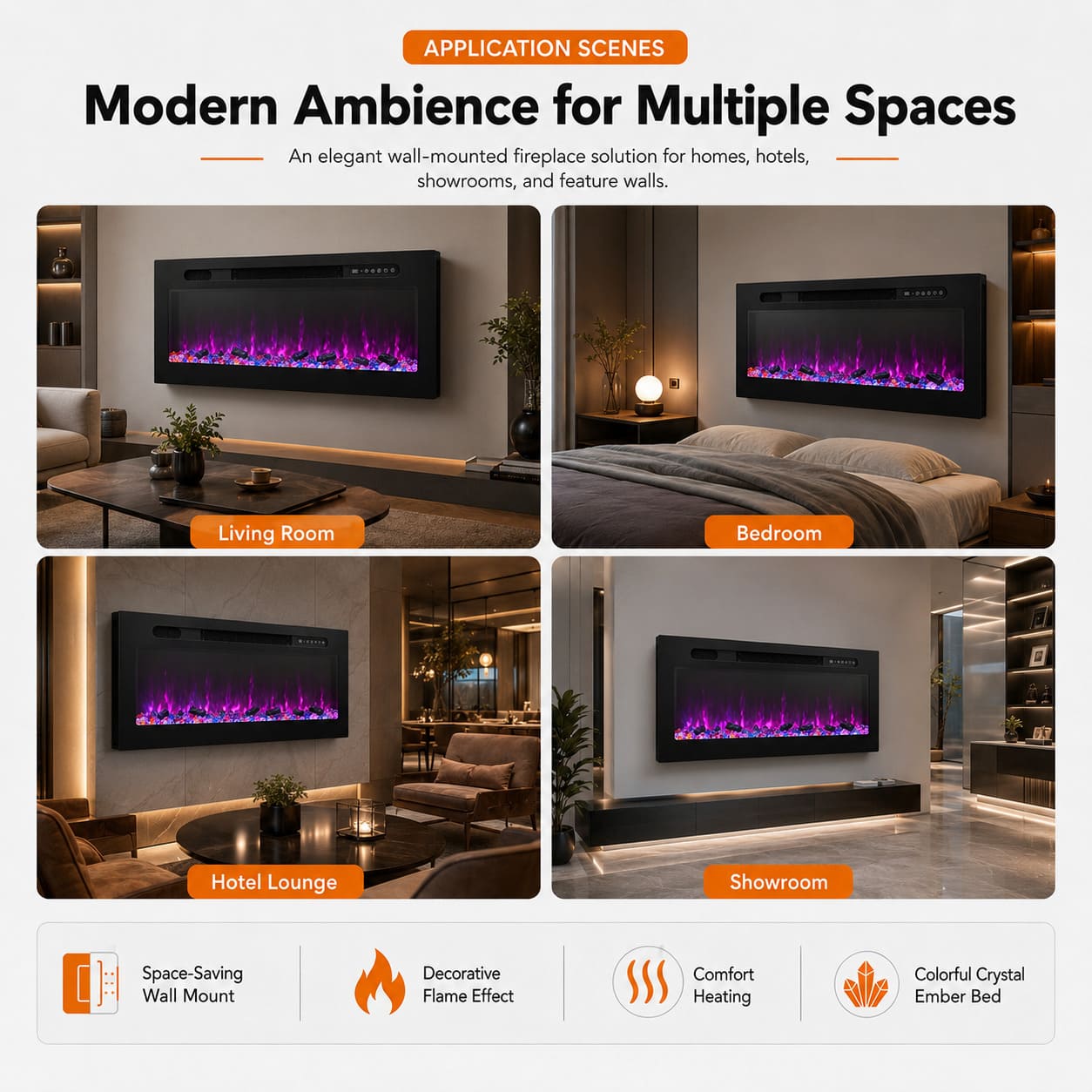 Electric LCD Fireplace Heater Insert LED Flame & Multicolor Glass Crystal - Image 4