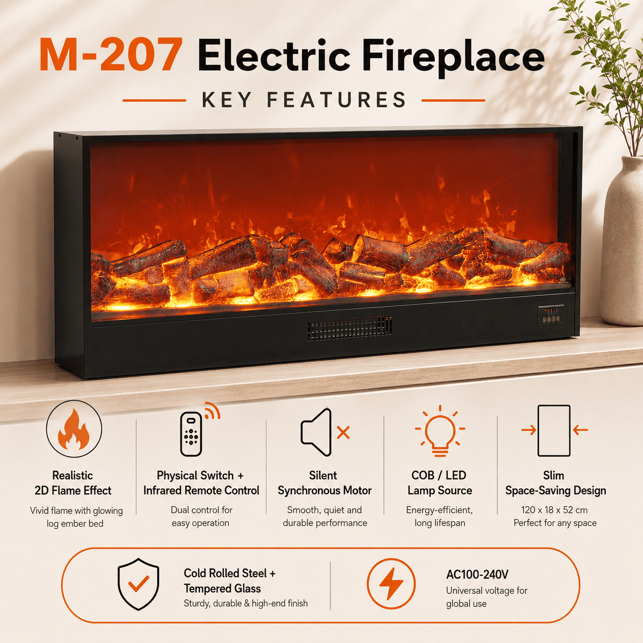 LCD Electric Fireplace Heater Wall-Mounted LED Flame - Image 4